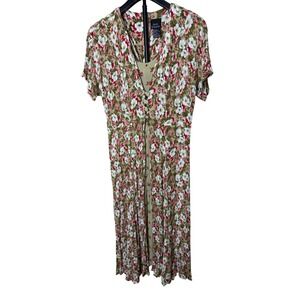 Brett Alixander Vintage Floral Layered Maxi Dress Olive Green Pink Rayon 9/10